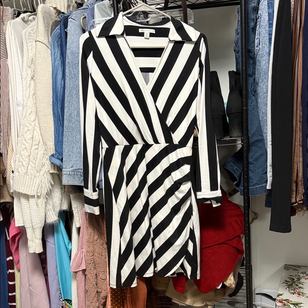 Black and White Striped Wrap Dress